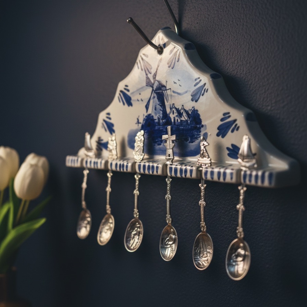 Vintage Dutch Souvenir Spoon Set with Ceramic Rack, 90 Silver Plate